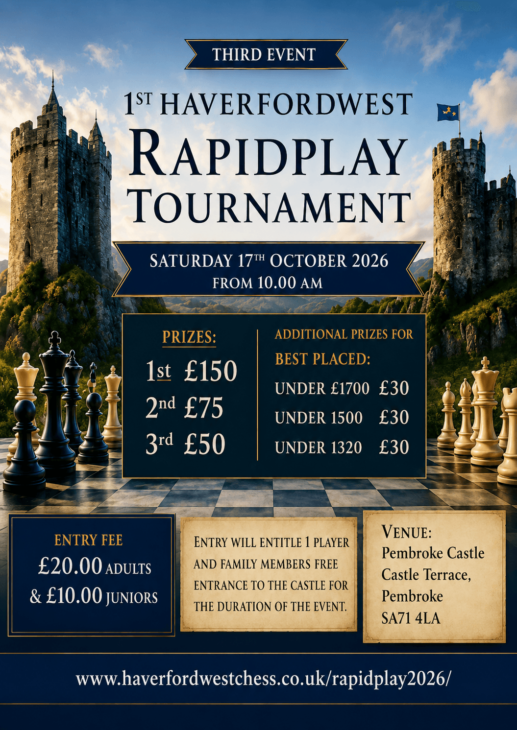 1st Haverfordwest Rapidplay Tournament poster — Pembroke Castle, Saturday 17th October 2026